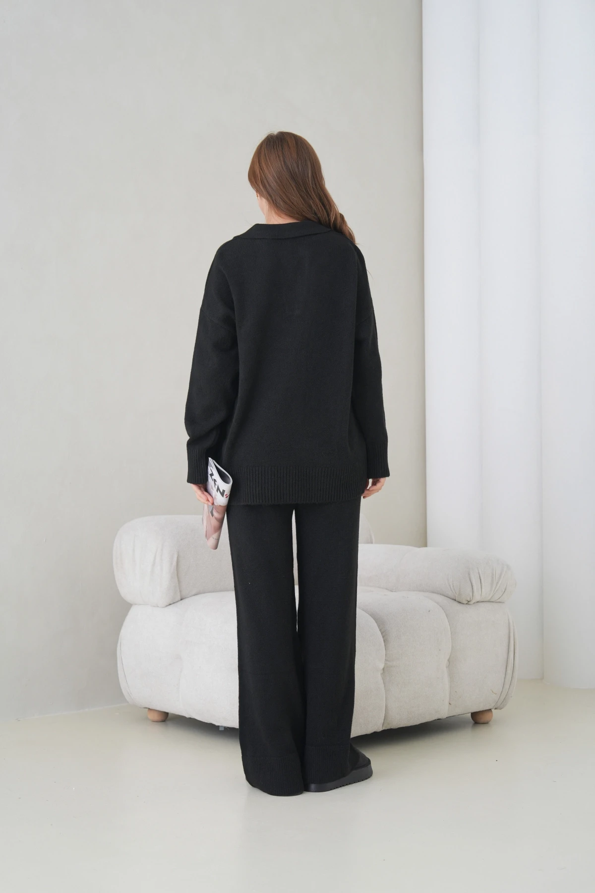 Kadın Polo Yaka Yarım Pat Oversize Kazak Pantolon İkili Triko Takım