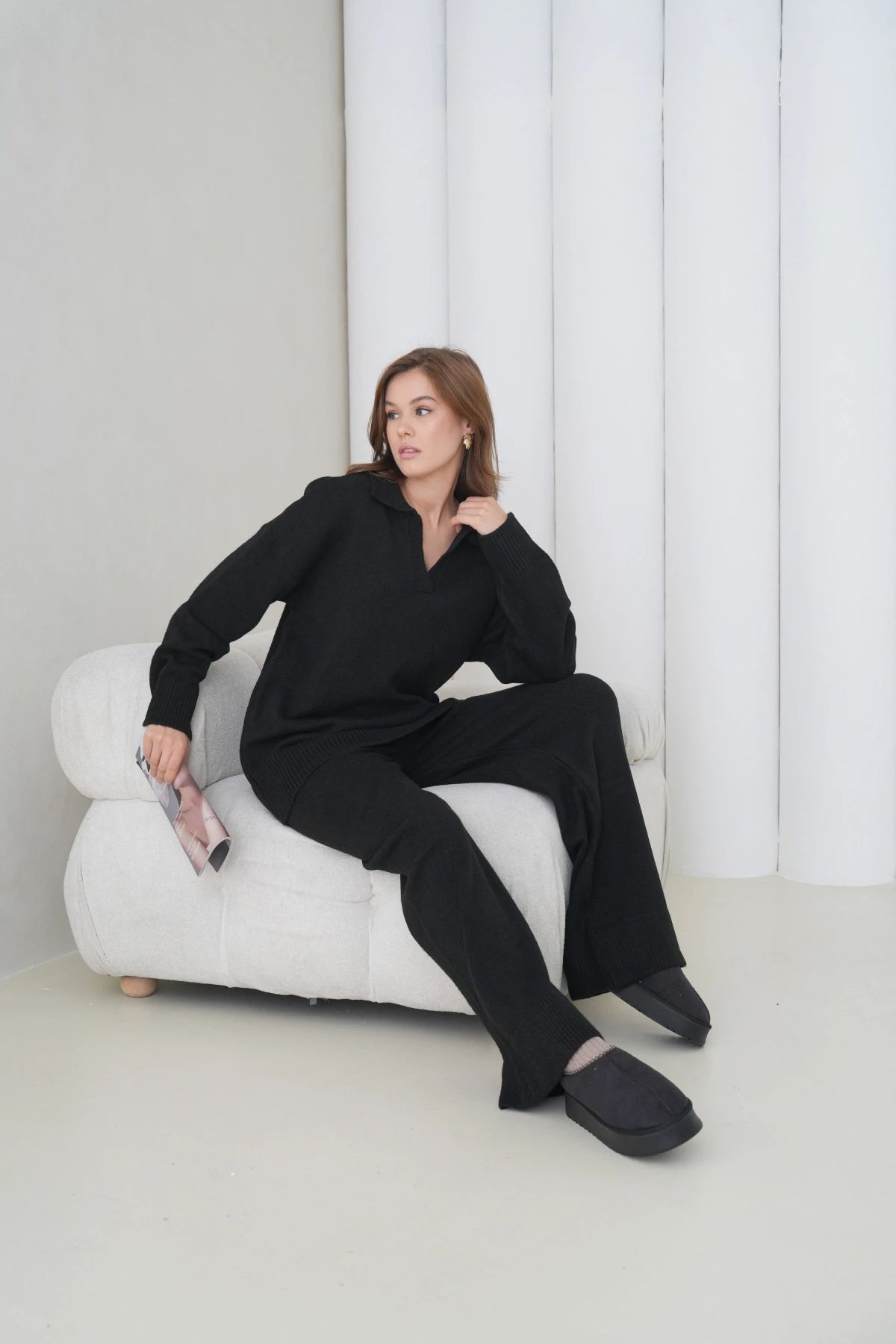 Kadın Polo Yaka Yarım Pat Oversize Kazak Pantolon İkili Triko Takım