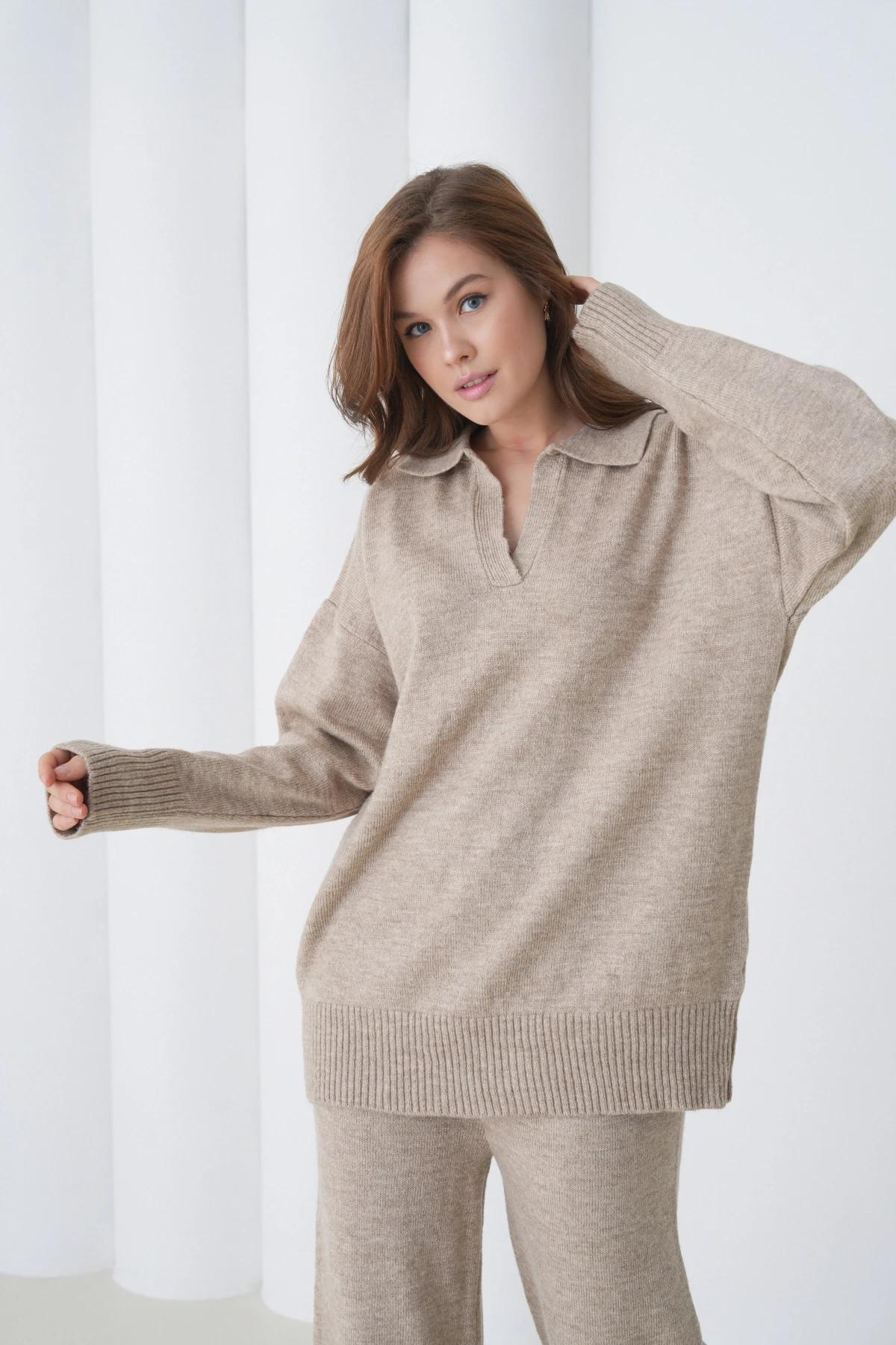 Kadın Polo Yaka Yarım Pat Oversize Kazak Pantolon İkili Triko Takım