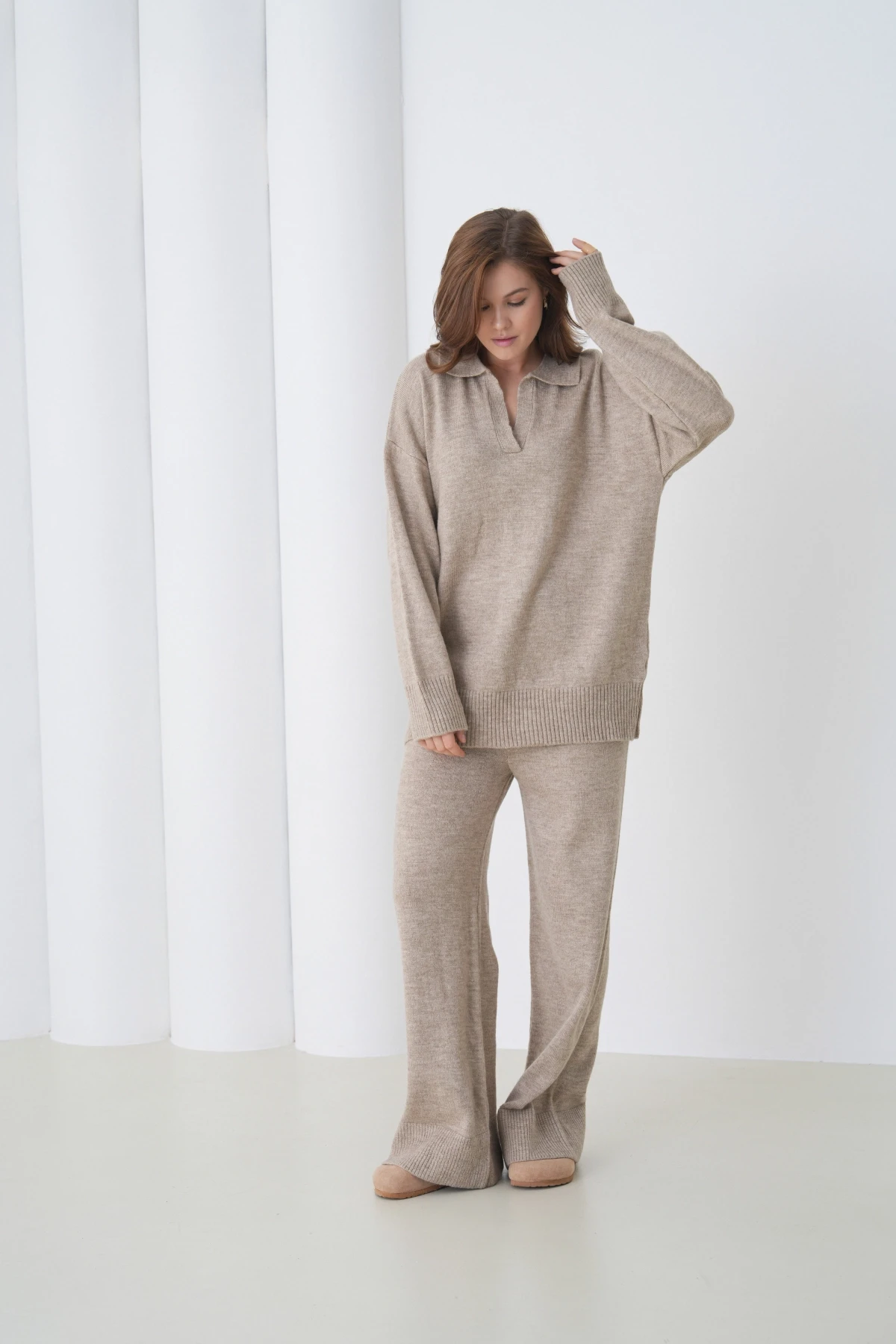 Kadın Polo Yaka Yarım Pat Oversize Kazak Pantolon İkili Triko Takım