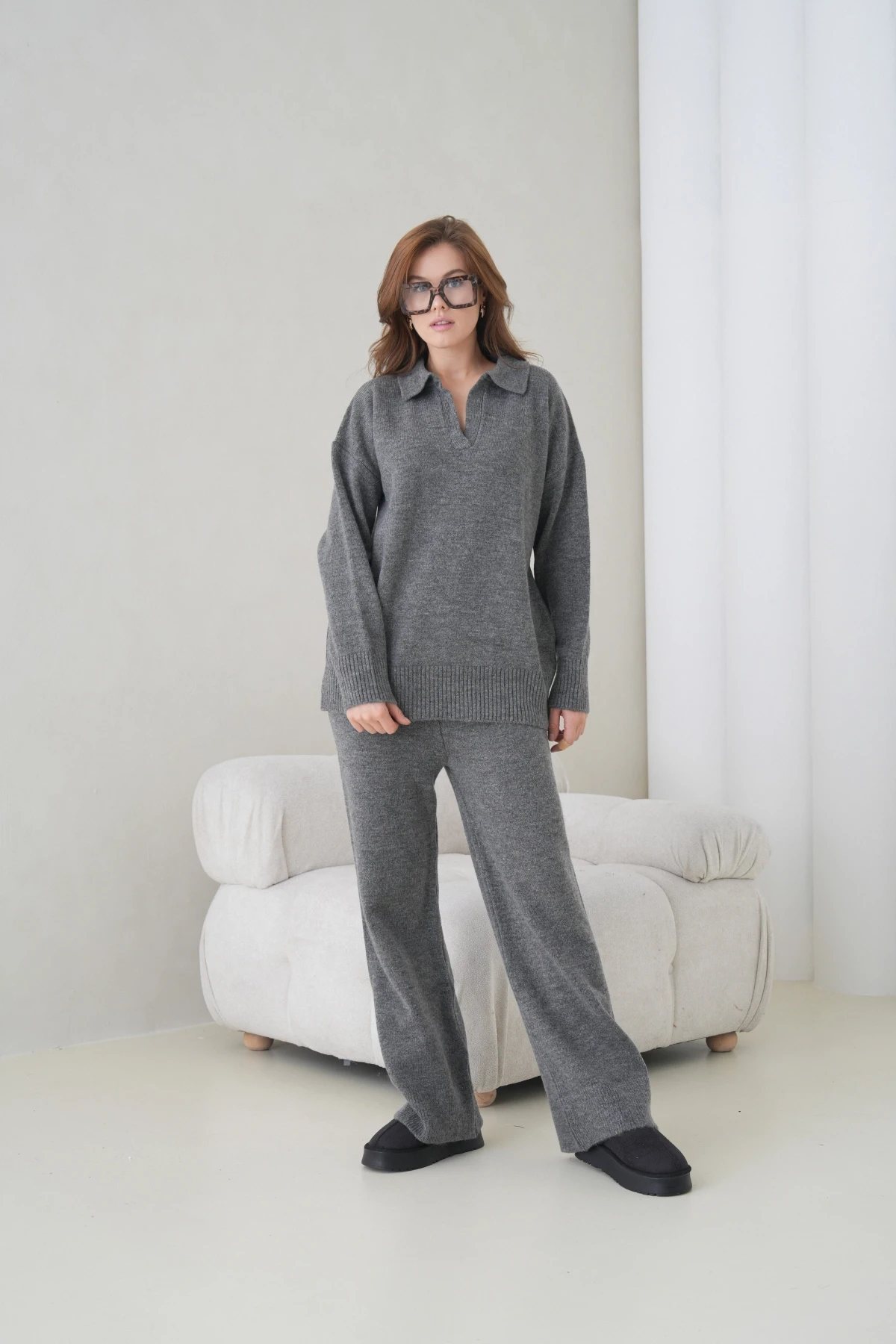 Kadın Polo Yaka Yarım Pat Oversize Kazak Pantolon İkili Triko Takım