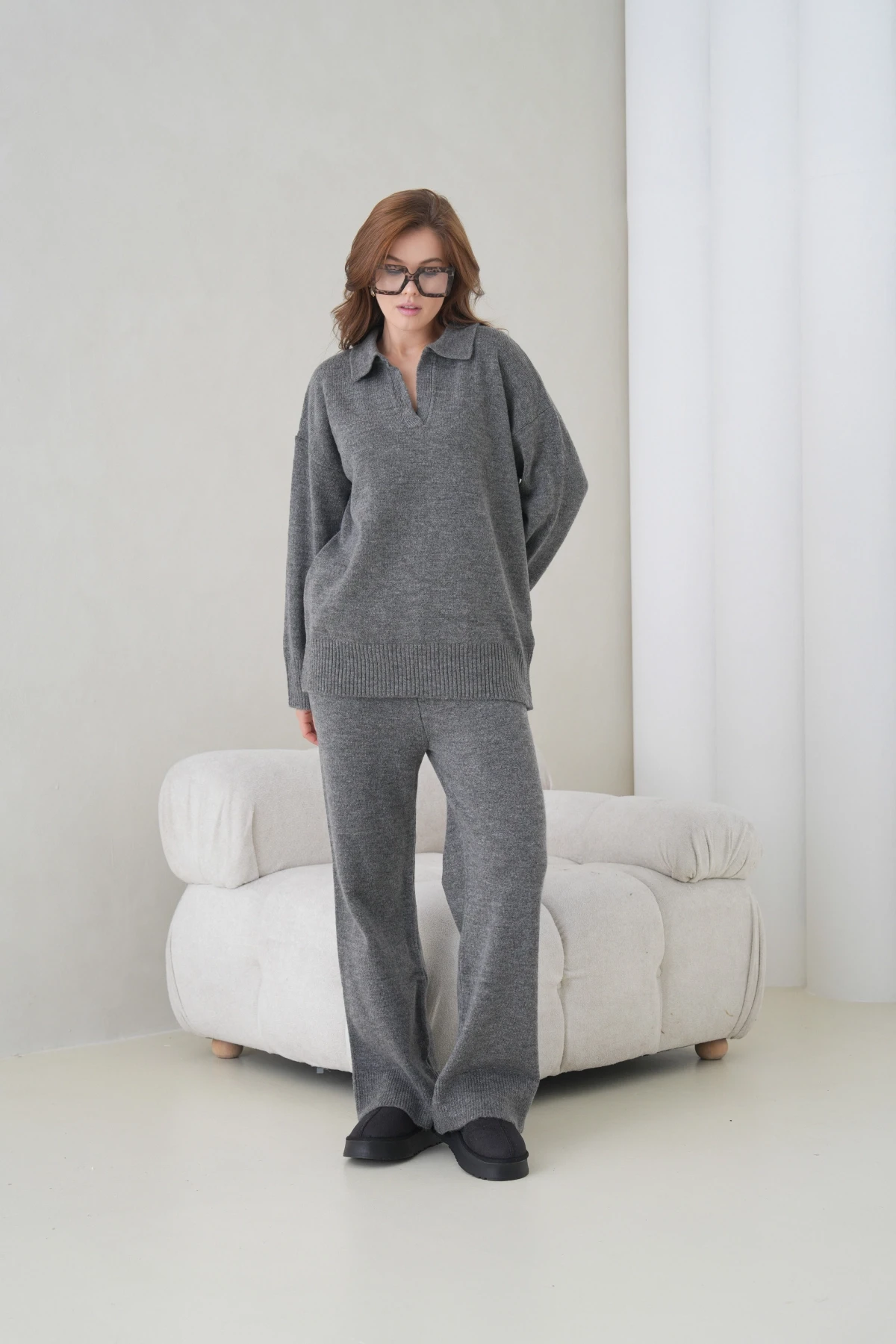 Kadın Polo Yaka Yarım Pat Oversize Kazak Pantolon İkili Triko Takım