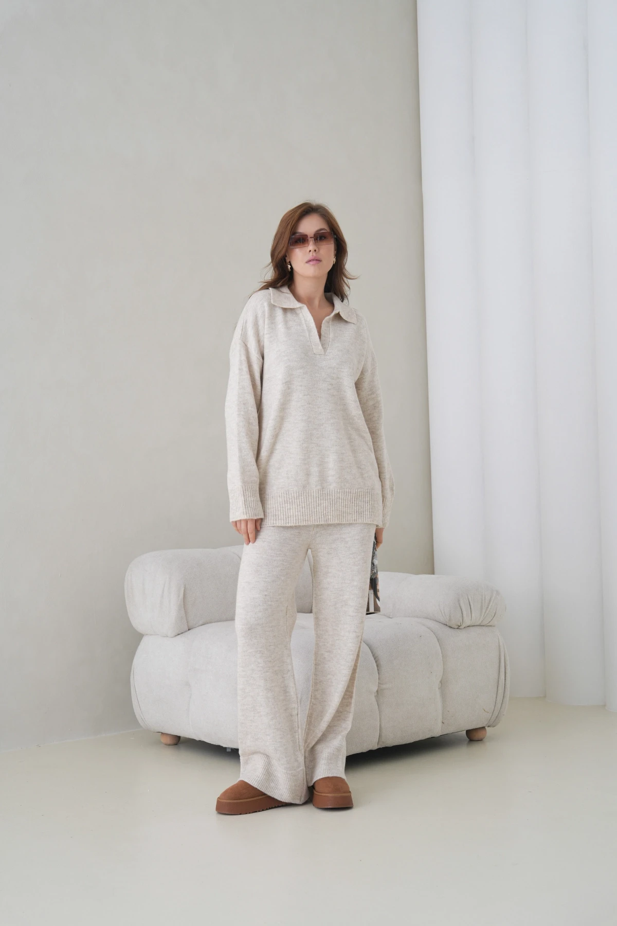 Kadın Polo Yaka Yarım Pat Oversize Kazak Pantolon İkili Triko Takım