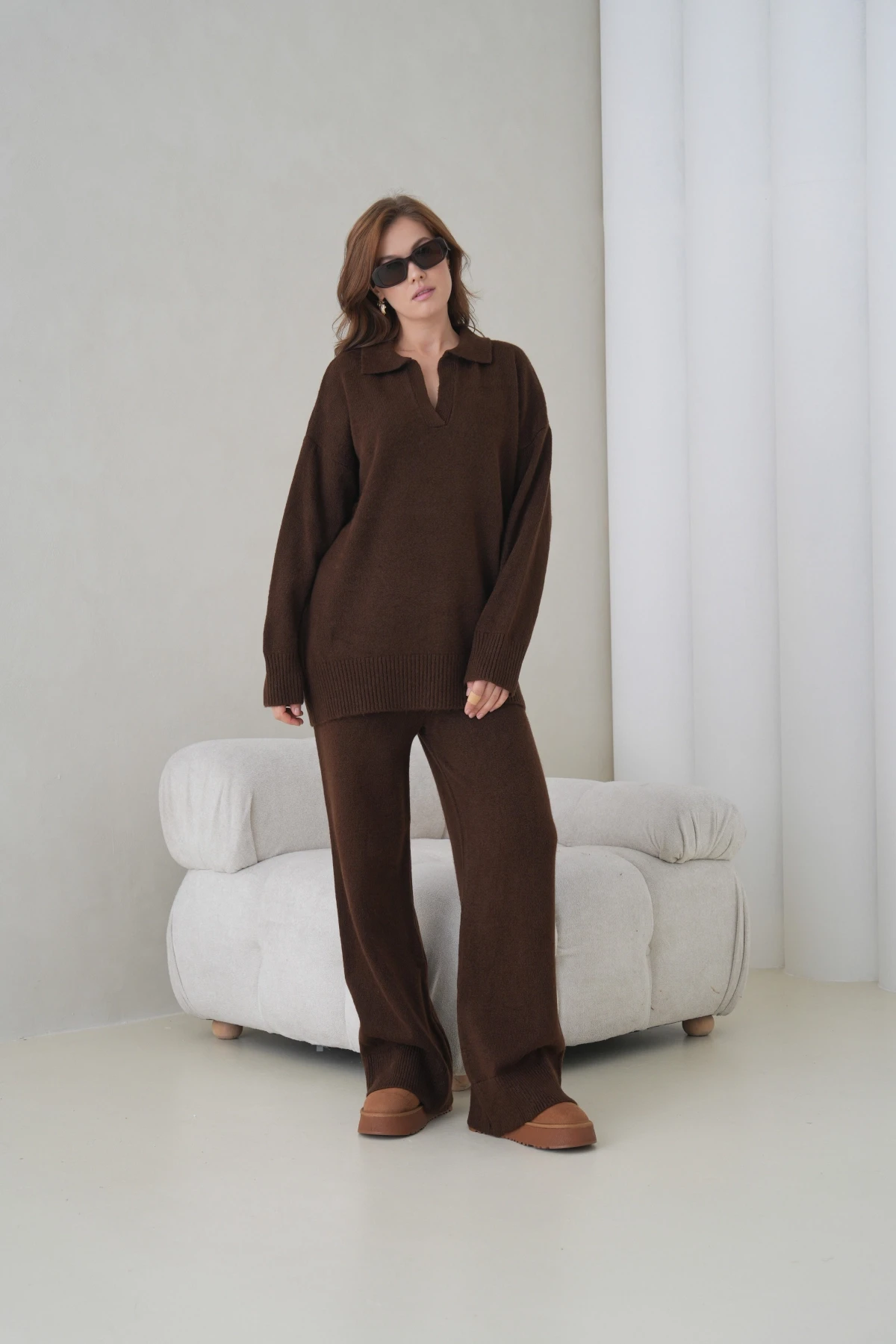 Kadın Polo Yaka Yarım Pat Oversize Kazak Pantolon İkili Triko Takım