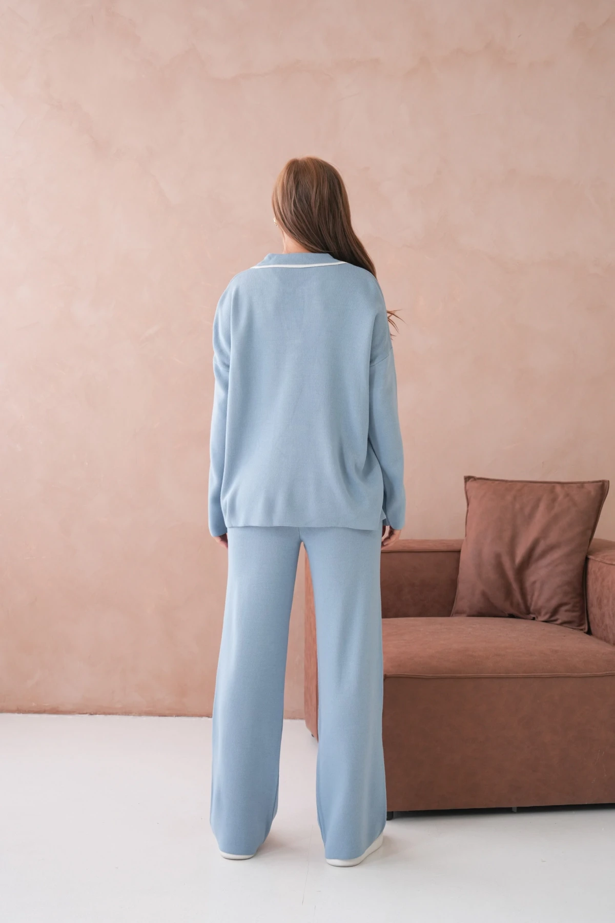 Kadın Polo Yaka Yarım Pat Salaş Kazak Oantolon İkili Triko Takım