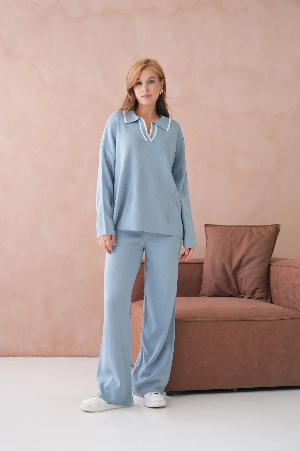 Kadın Polo Yaka Yarım Pat Salaş Kazak Oantolon İkili Triko Takım