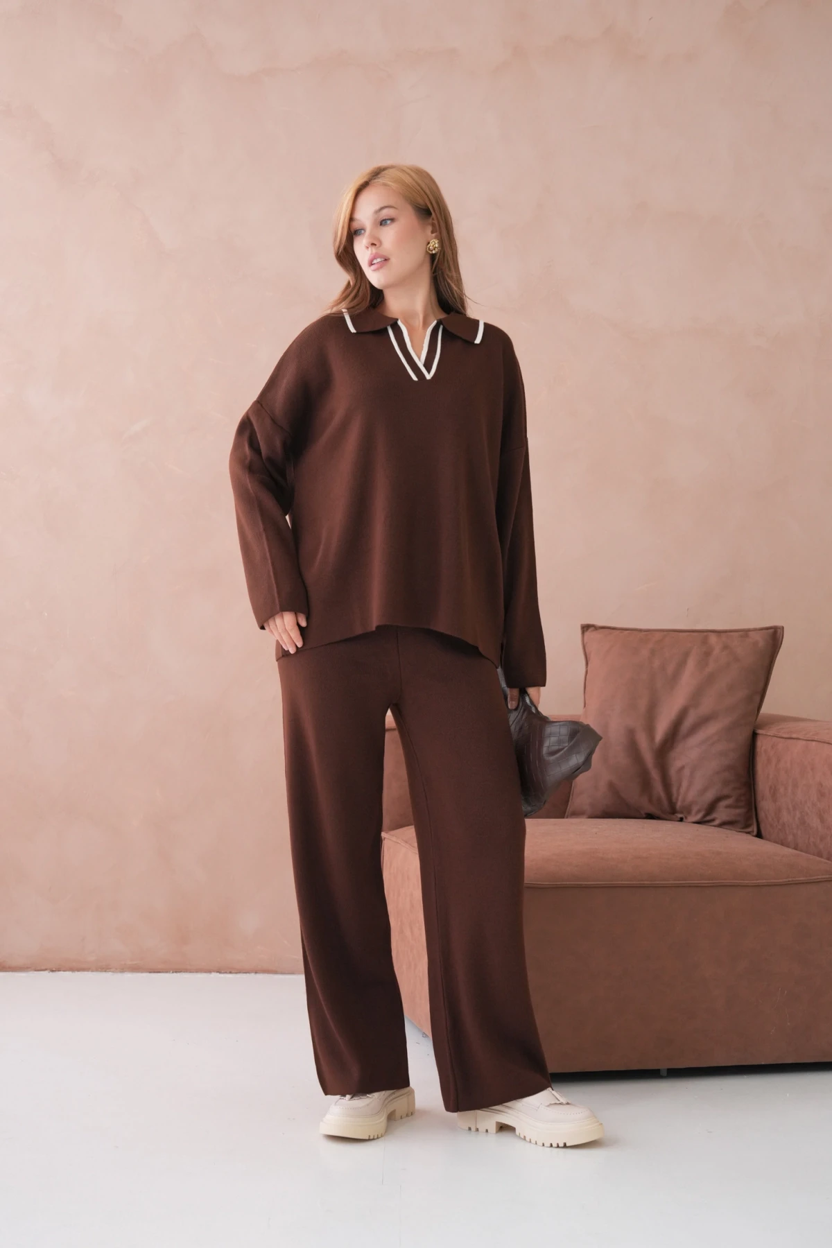 Kadın Polo Yaka Yarım Pat Salaş Kazak Oantolon İkili Triko Takım