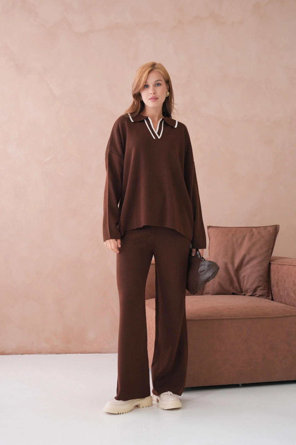 Kadın Polo Yaka Yarım Pat Salaş Kazak Oantolon İkili Triko Takım