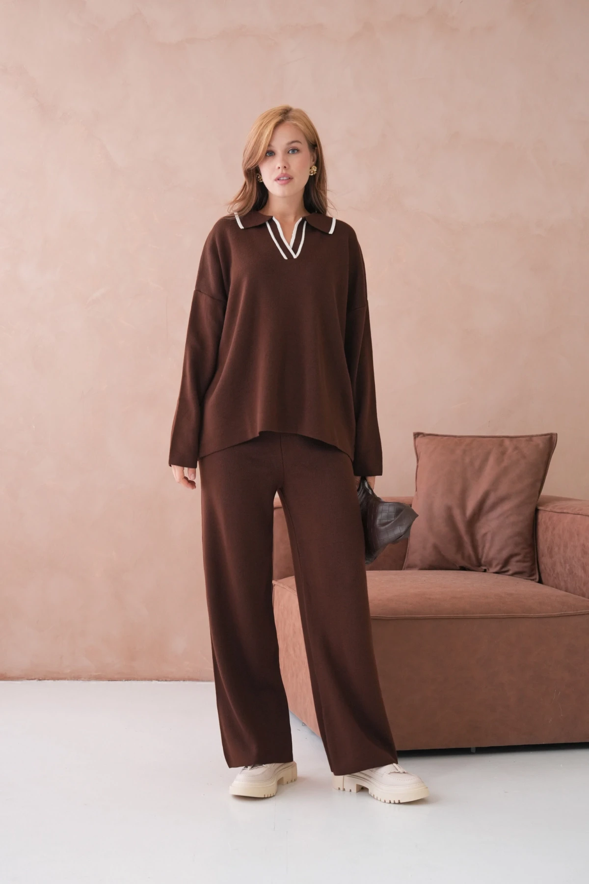 Kadın Polo Yaka Yarım Pat Salaş Kazak Oantolon İkili Triko Takım