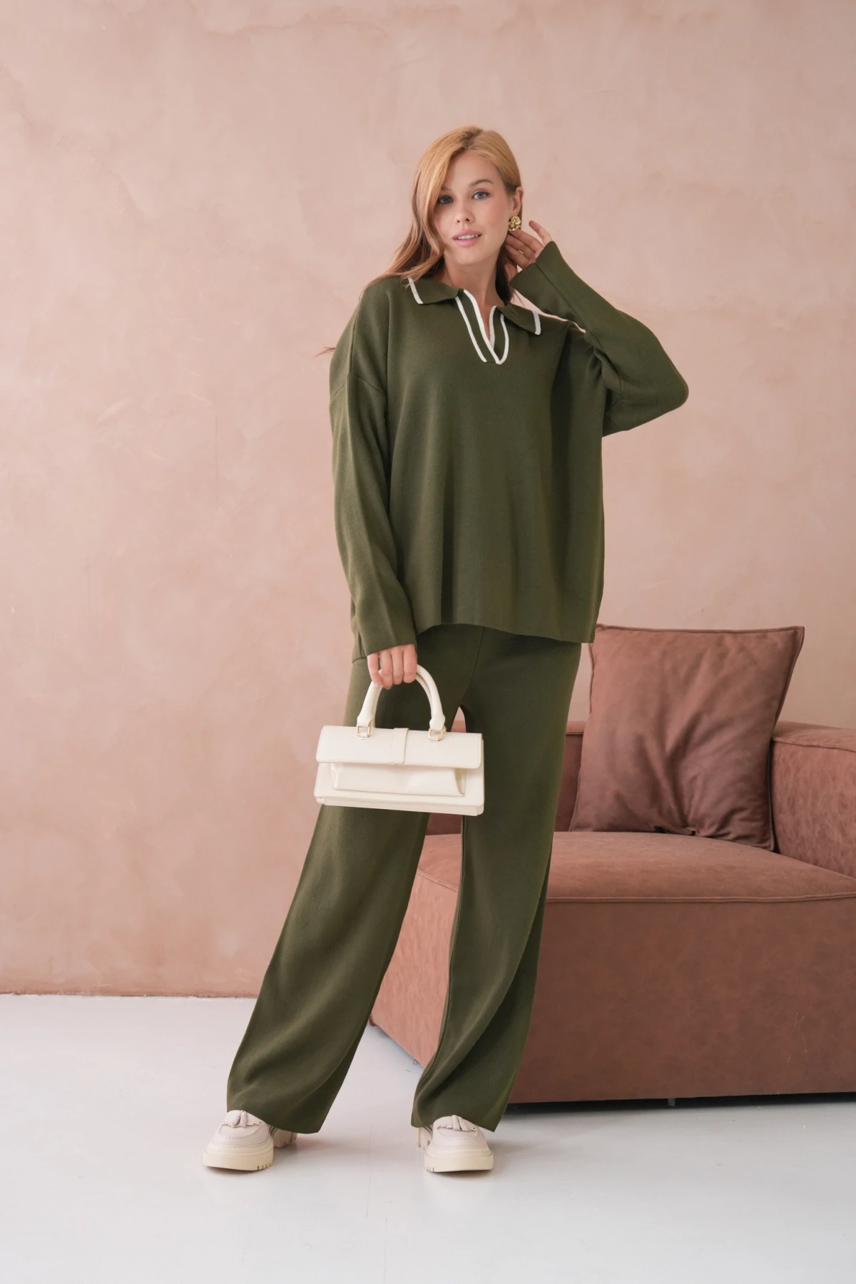 Kadın Polo Yaka Yarım Pat Salaş Kazak Oantolon İkili Triko Takım