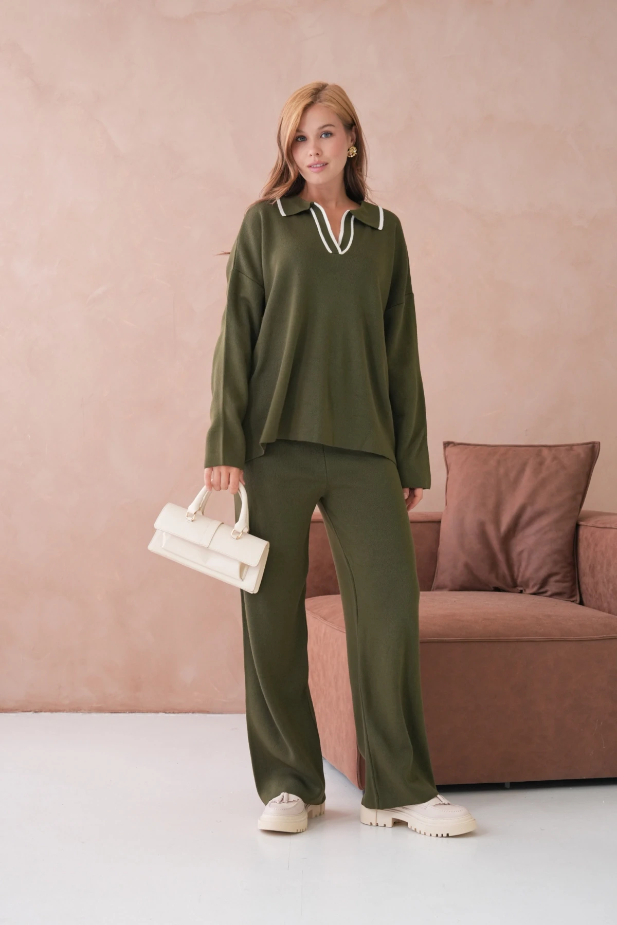 Kadın Polo Yaka Yarım Pat Salaş Kazak Oantolon İkili Triko Takım