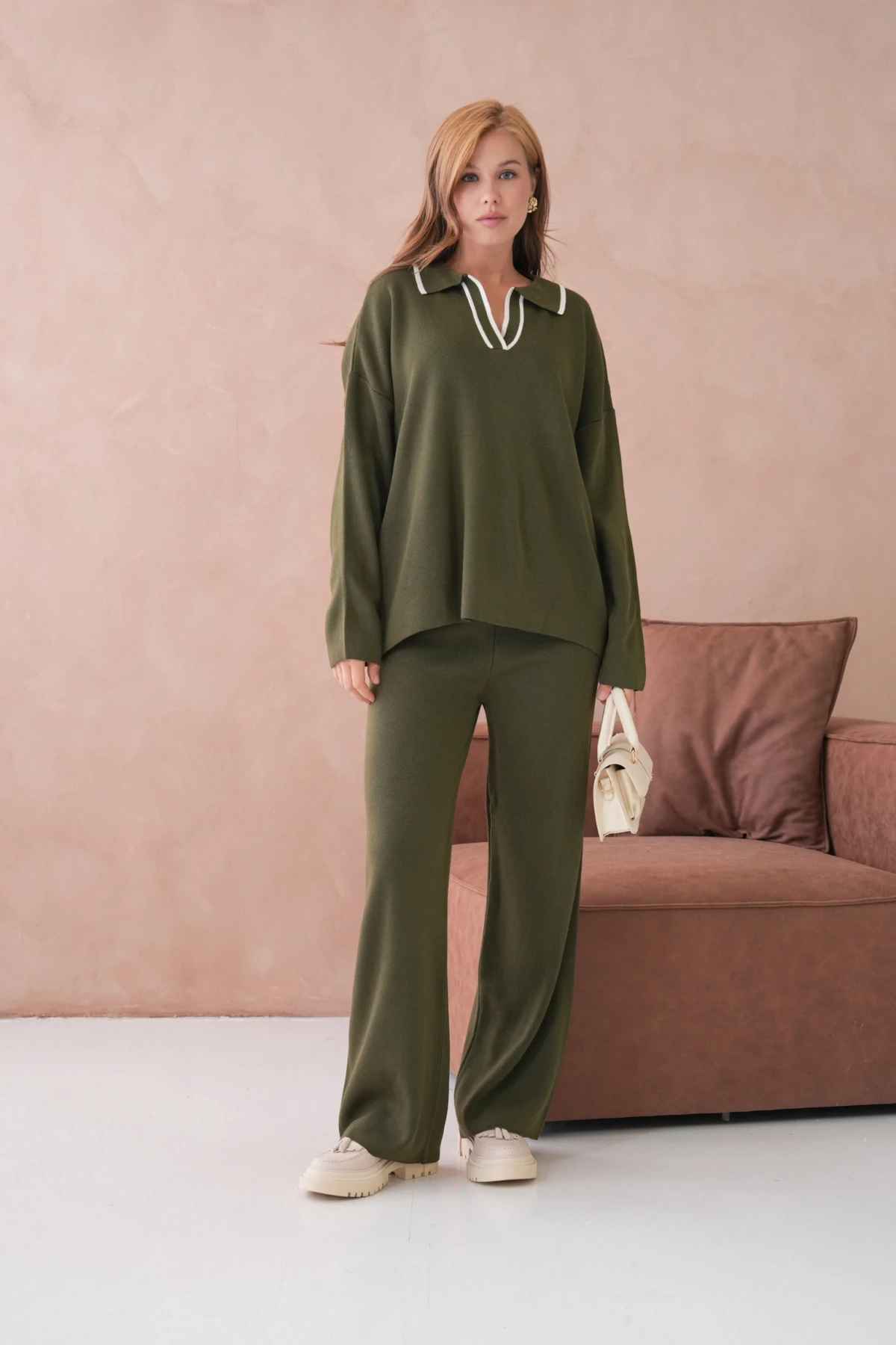 Kadın Polo Yaka Yarım Pat Salaş Kazak Oantolon İkili Triko Takım