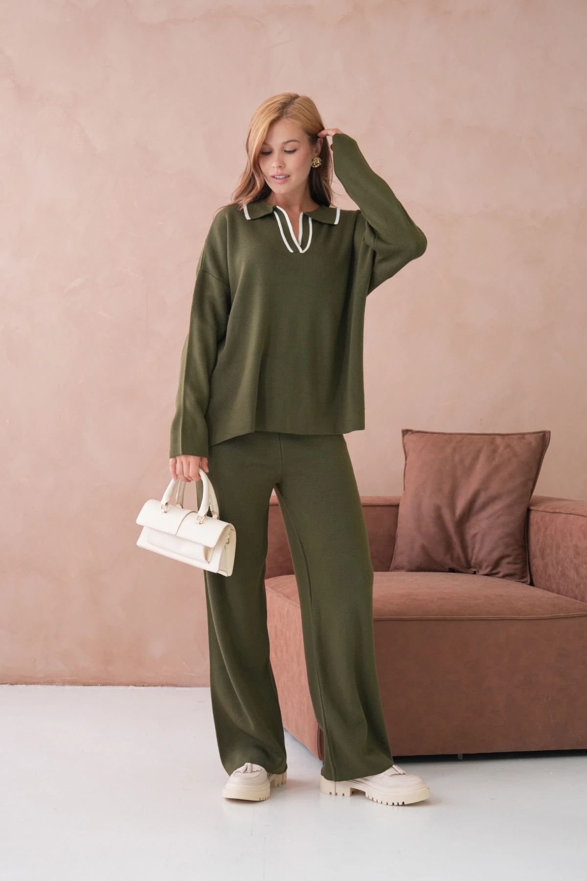 Kadın Polo Yaka Yarım Pat Salaş Kazak Oantolon İkili Triko Takım