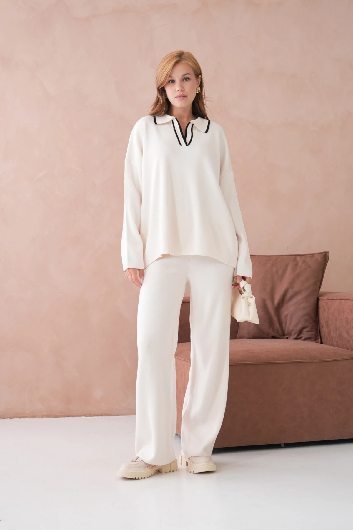 Kadın Polo Yaka Yarım Pat Salaş Kazak Oantolon İkili Triko Takım