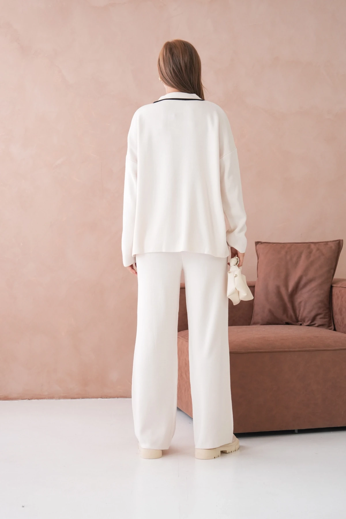 Kadın Polo Yaka Yarım Pat Salaş Kazak Oantolon İkili Triko Takım