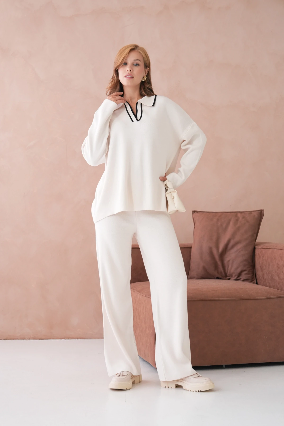 Kadın Polo Yaka Yarım Pat Salaş Kazak Oantolon İkili Triko Takım