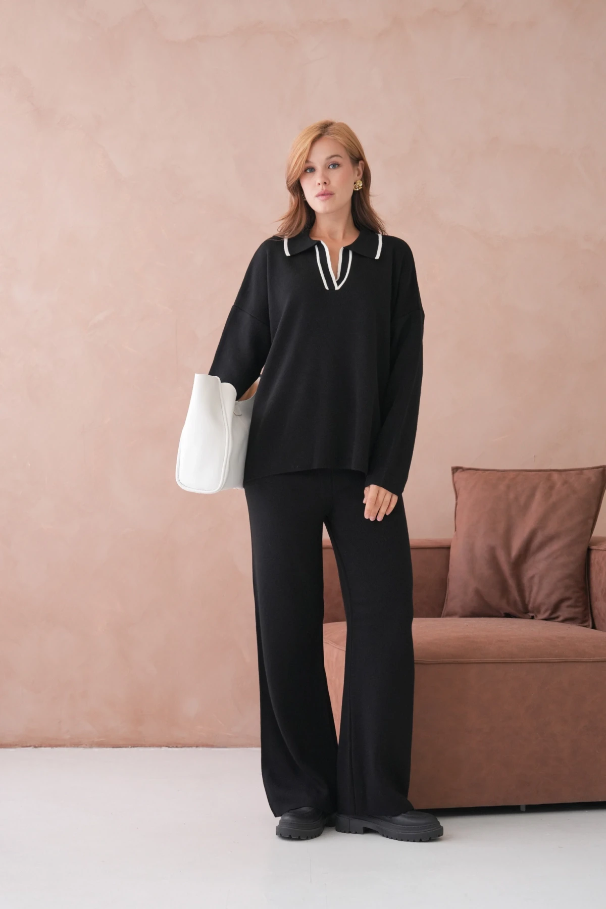 Kadın Polo Yaka Yarım Pat Salaş Kazak Oantolon İkili Triko Takım