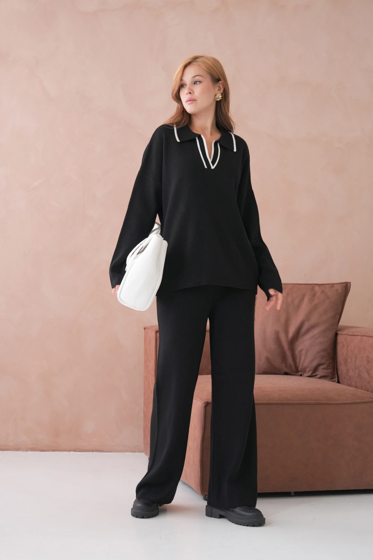 Kadın Polo Yaka Yarım Pat Salaş Kazak Oantolon İkili Triko Takım