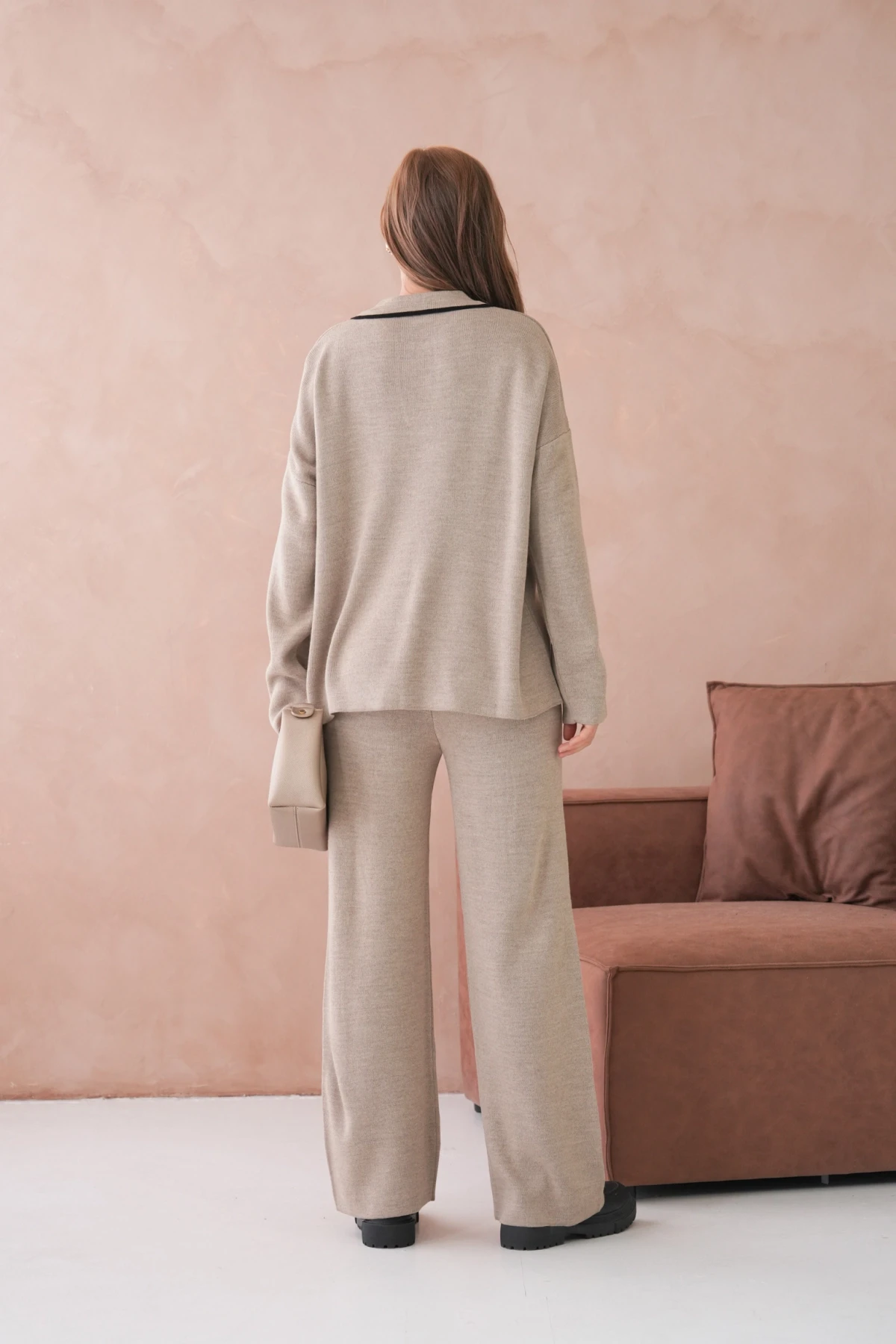 Kadın Polo Yaka Yarım Pat Salaş Kazak Oantolon İkili Triko Takım