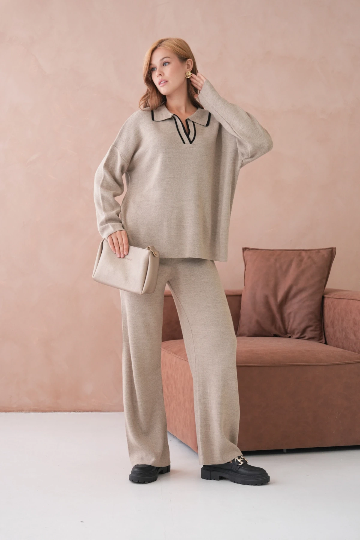 Kadın Polo Yaka Yarım Pat Salaş Kazak Oantolon İkili Triko Takım