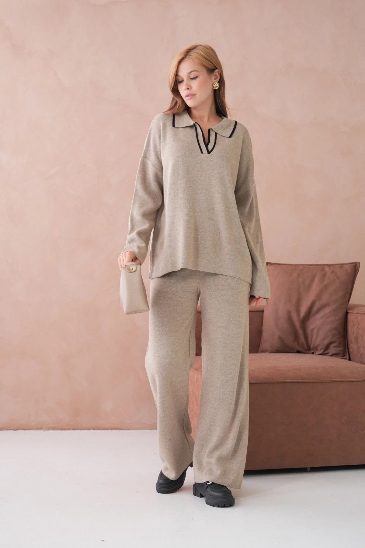 Kadın Polo Yaka Yarım Pat Salaş Kazak Oantolon İkili Triko Takım