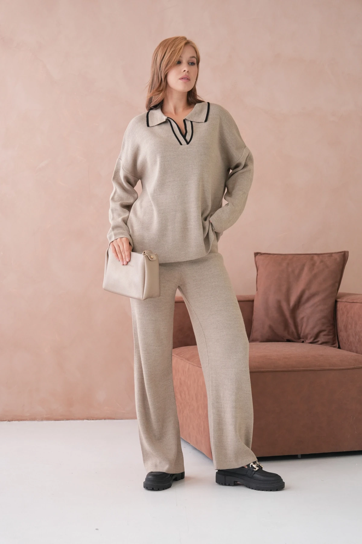 Kadın Polo Yaka Yarım Pat Salaş Kazak Oantolon İkili Triko Takım