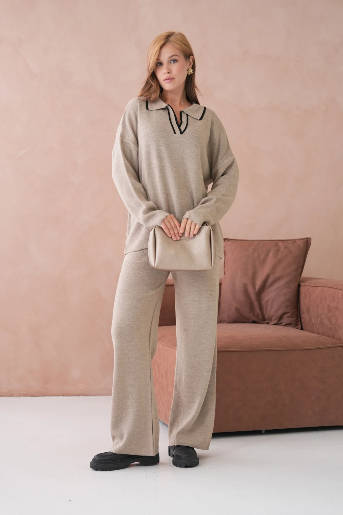 Kadın Polo Yaka Yarım Pat Salaş Kazak Oantolon İkili Triko Takım