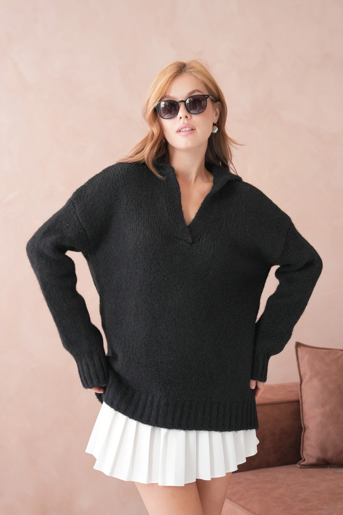 Kadın Polo Yaka Yumuşak Dokulu Oversize Triko Kazak