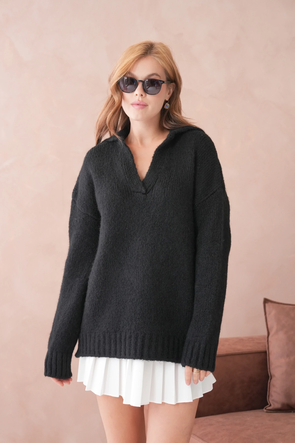 Kadın Polo Yaka Yumuşak Dokulu Oversize Triko Kazak