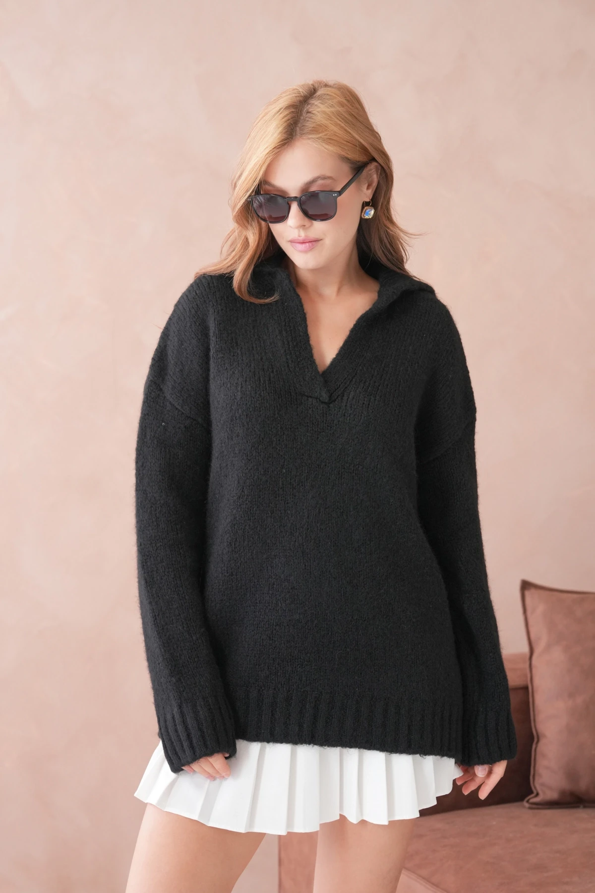 Kadın Polo Yaka Yumuşak Dokulu Oversize Triko Kazak