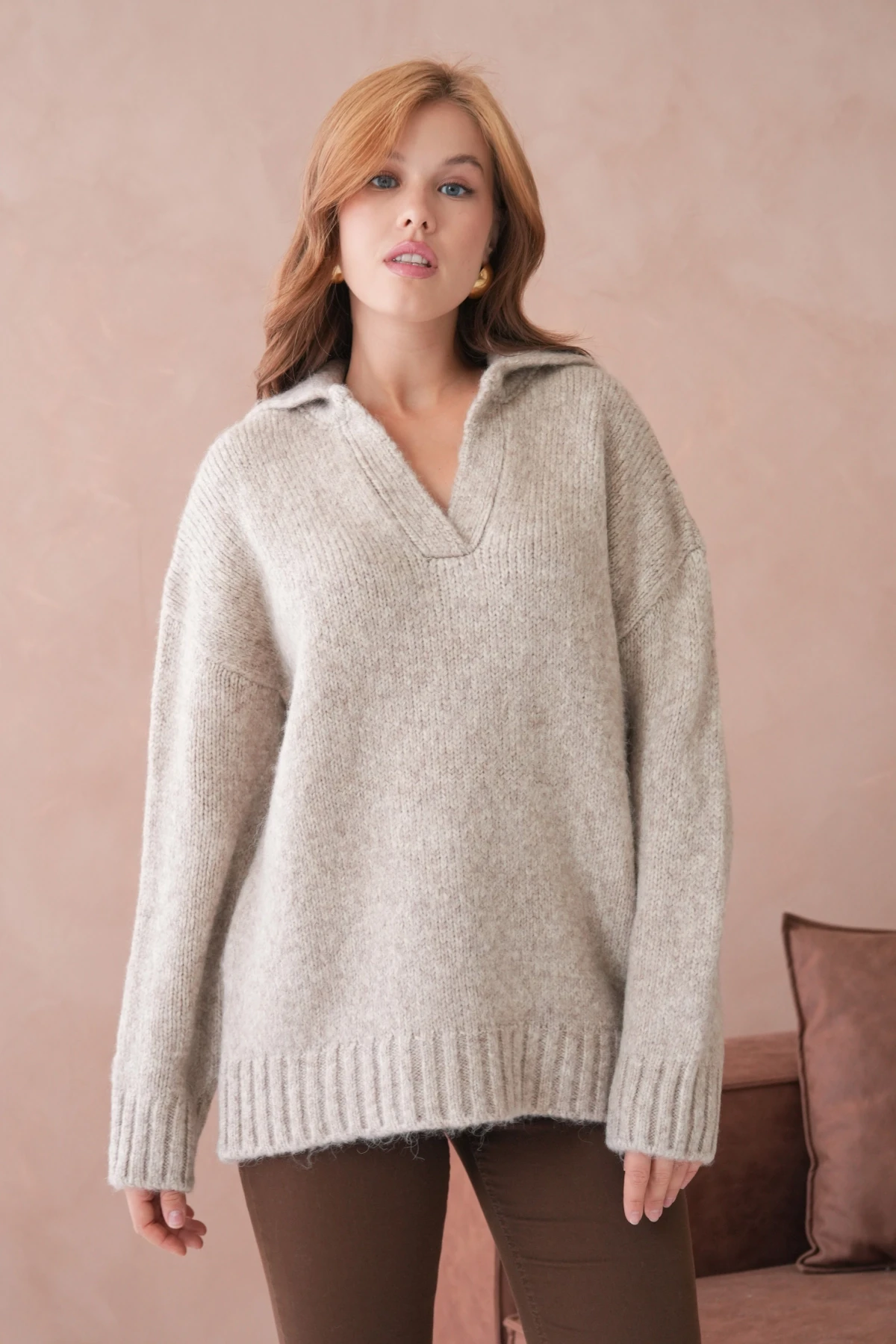 Kadın Polo Yaka Yumuşak Dokulu Oversize Triko Kazak