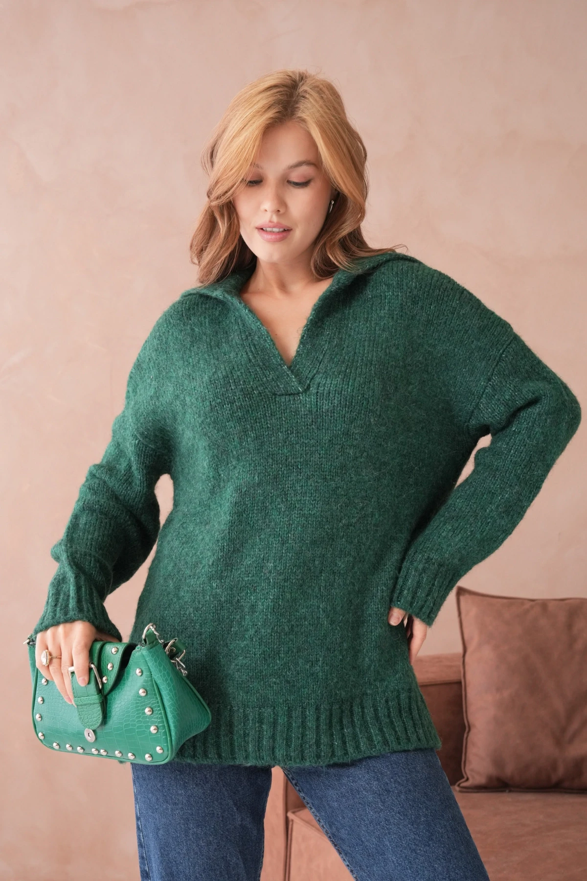 Kadın Polo Yaka Yumuşak Dokulu Oversize Triko Kazak