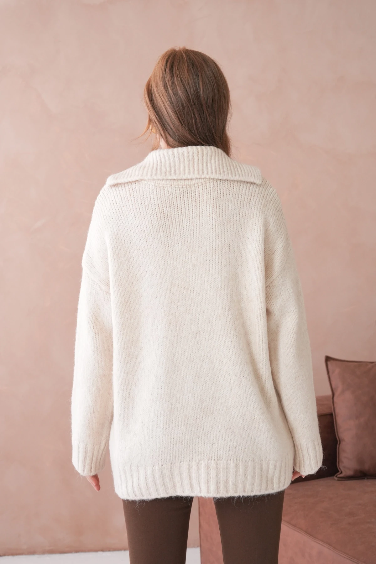 Kadın Polo Yaka Yumuşak Dokulu Oversize Triko Kazak