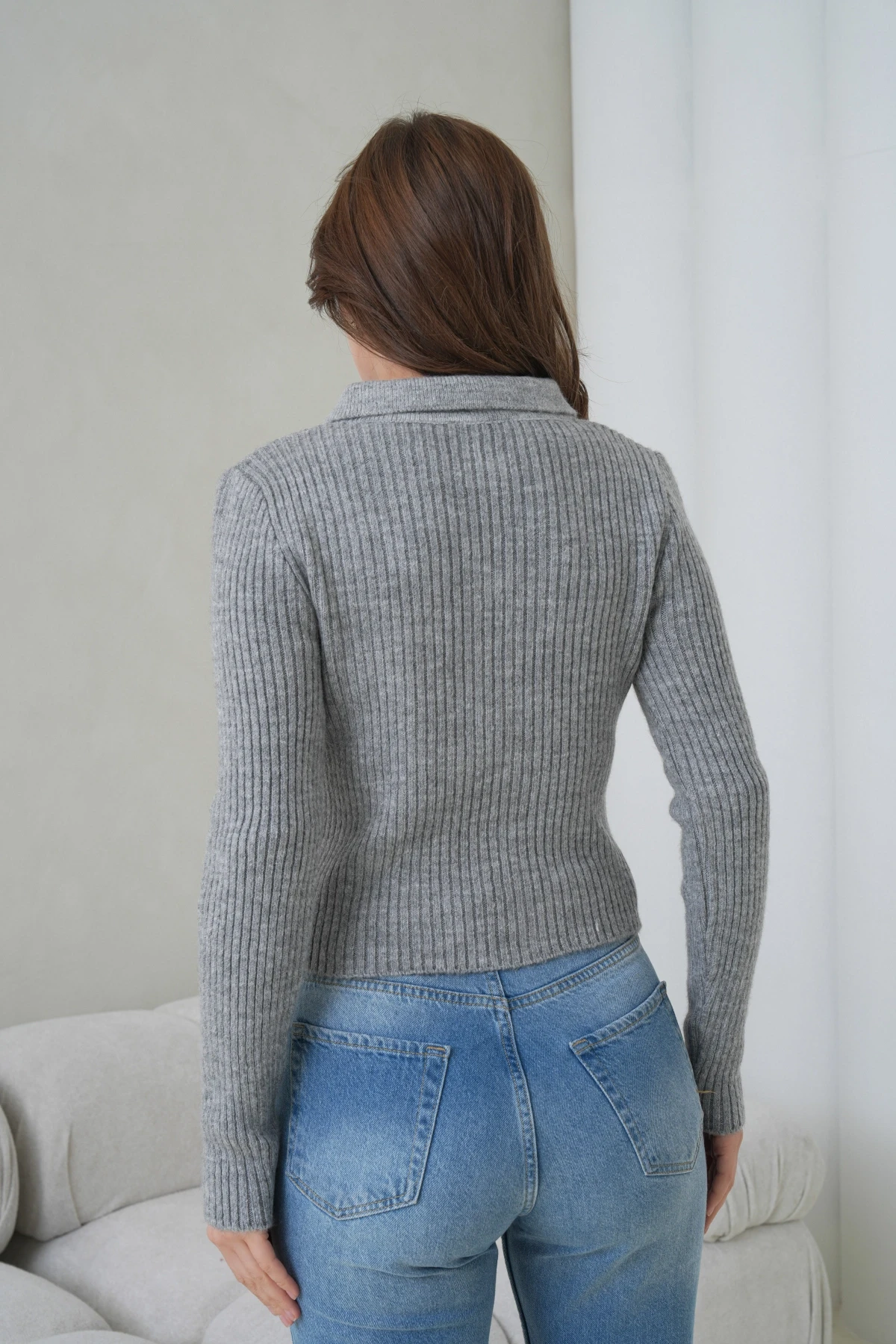 Kadın Polo Yaka Fermuar Detaylı Yumuşak Dokulu Fitilli Triko Ceket