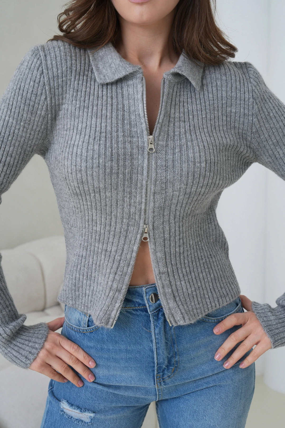 Kadın Polo Yaka Fermuar Detaylı Yumuşak Dokulu Fitilli Triko Ceket