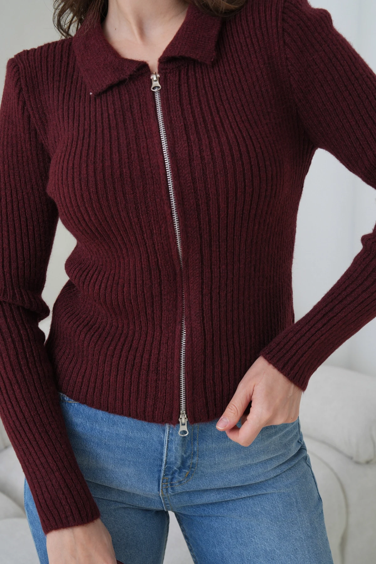 Kadın Polo Yaka Fermuar Detaylı Yumuşak Dokulu Fitilli Triko Ceket