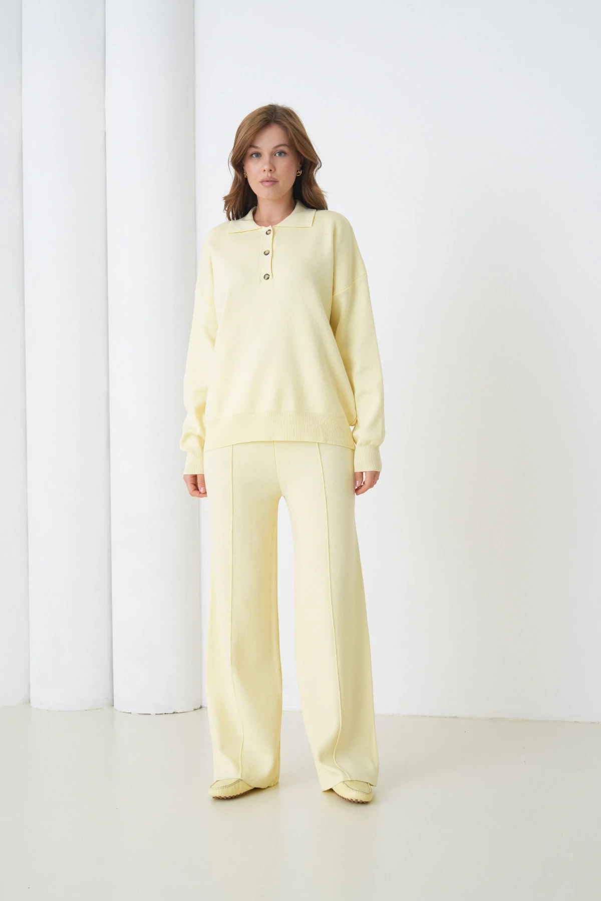 Kadın Siyah Polo Yaka Kazak Pantolon Triko Alt-Üst Takım