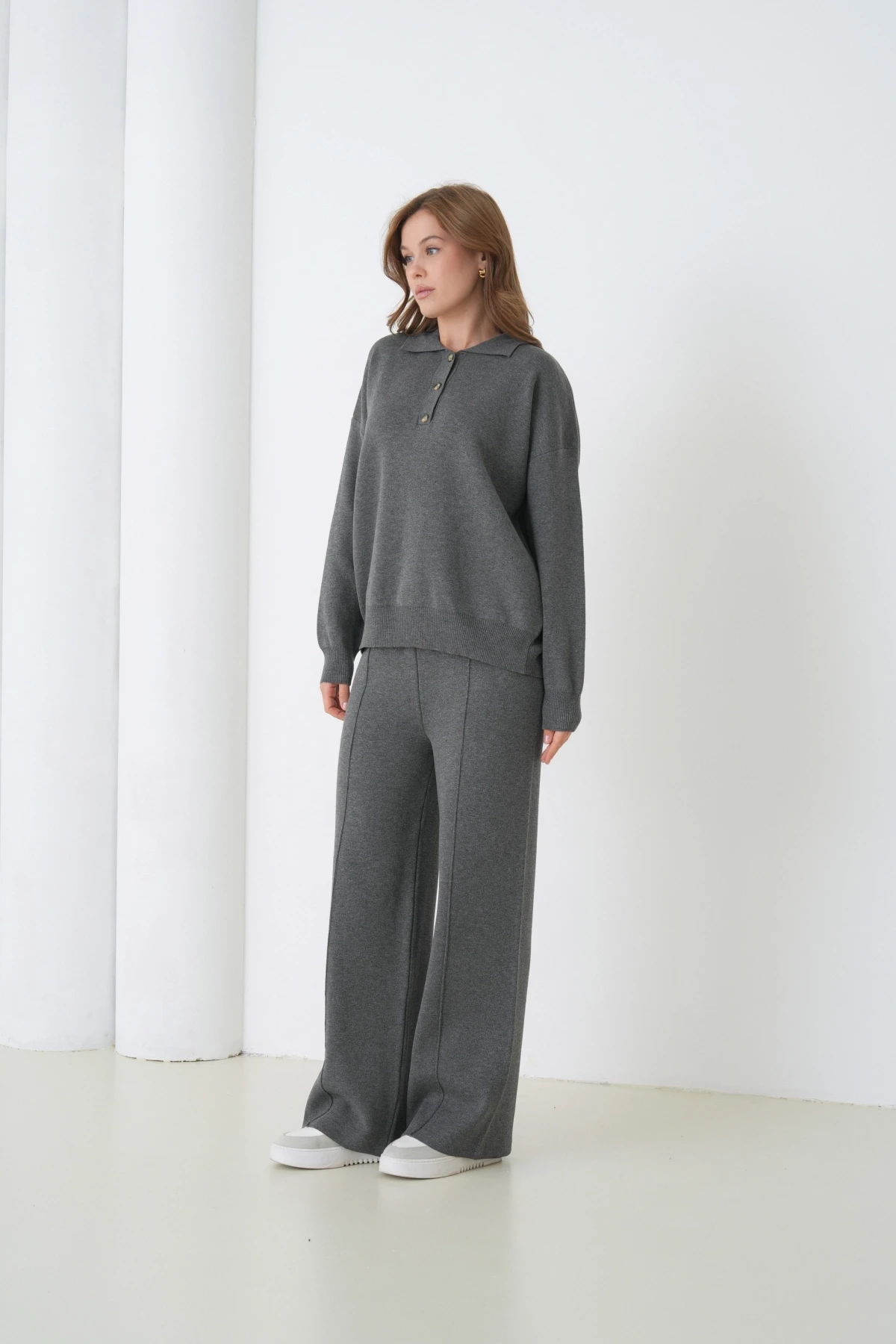 Kadın Siyah Polo Yaka Kazak Pantolon Triko Alt-Üst Takım