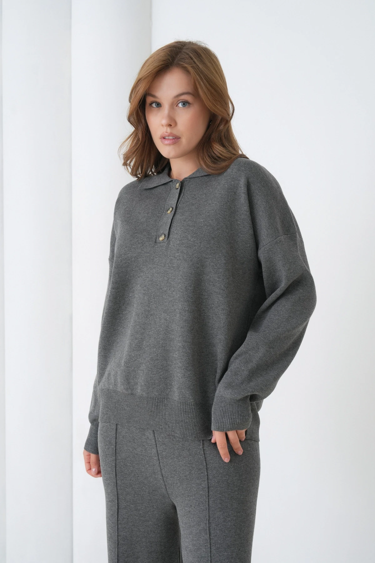 Kadın Siyah Polo Yaka Kazak Pantolon Triko Alt-Üst Takım