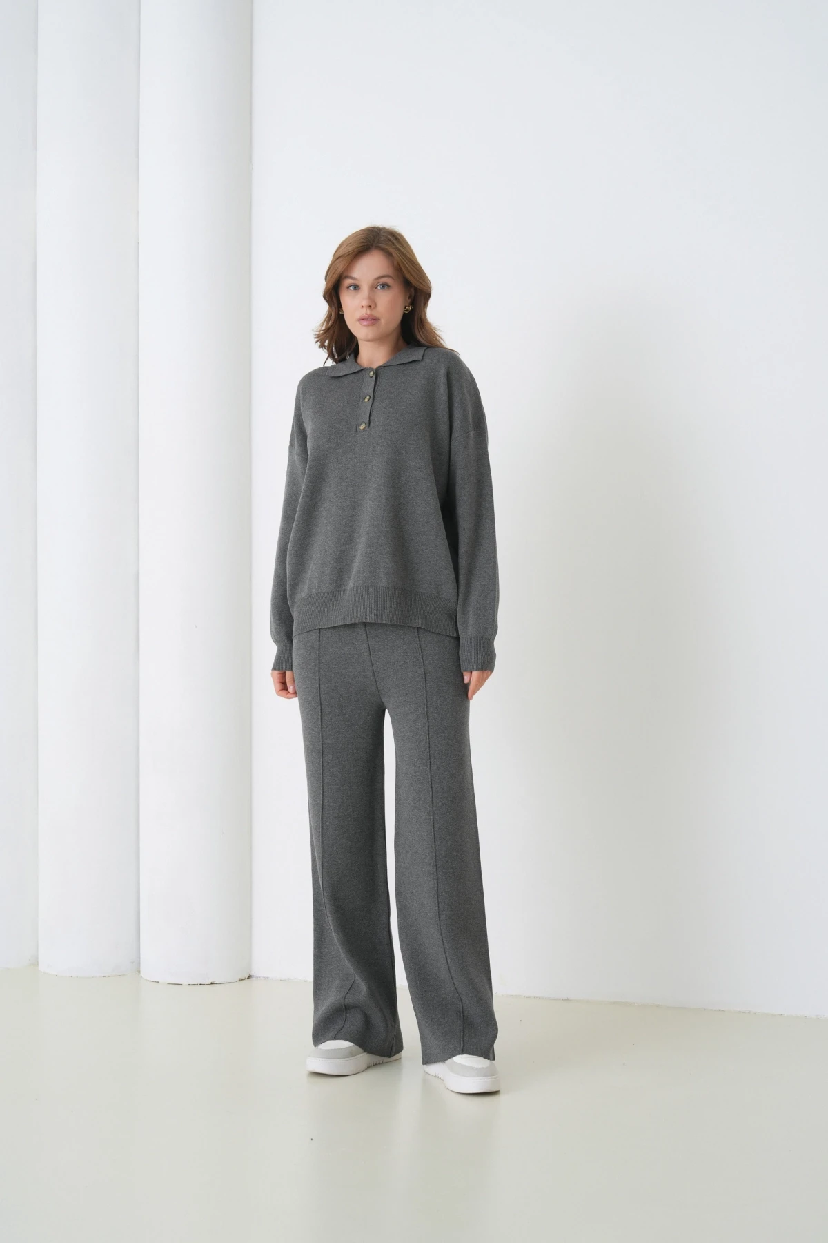 Kadın Siyah Polo Yaka Kazak Pantolon Triko Alt-Üst Takım