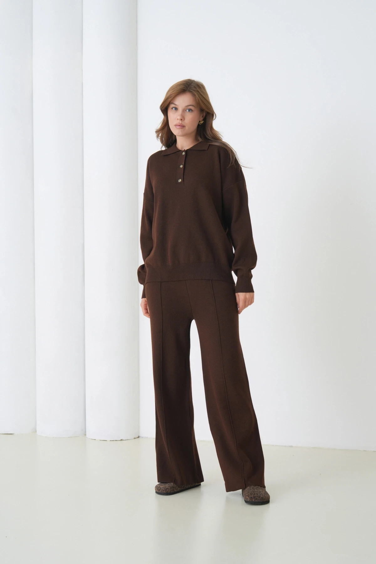 Kadın Siyah Polo Yaka Kazak Pantolon Triko Alt-Üst Takım