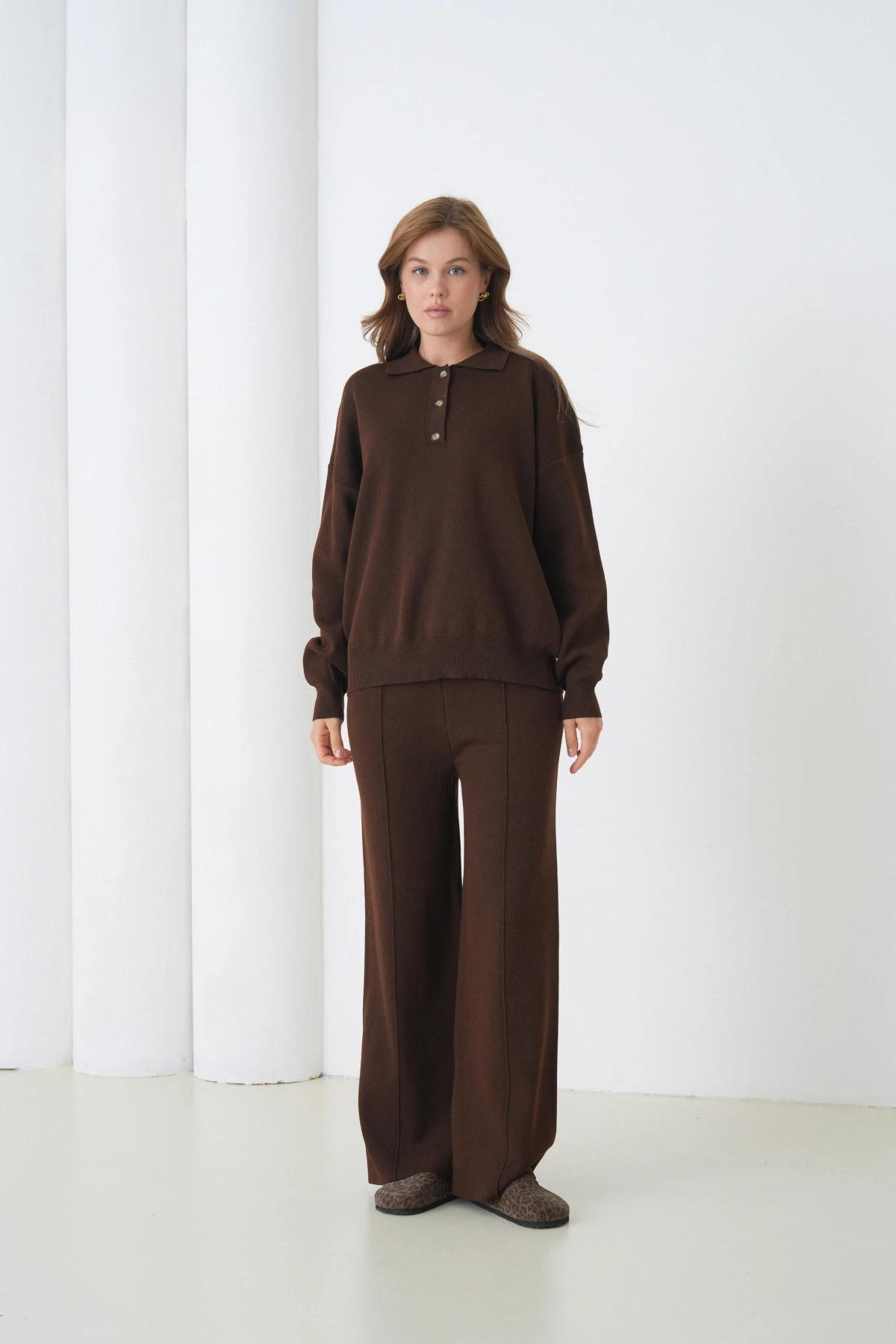 Kadın Siyah Polo Yaka Kazak Pantolon Triko Alt-Üst Takım