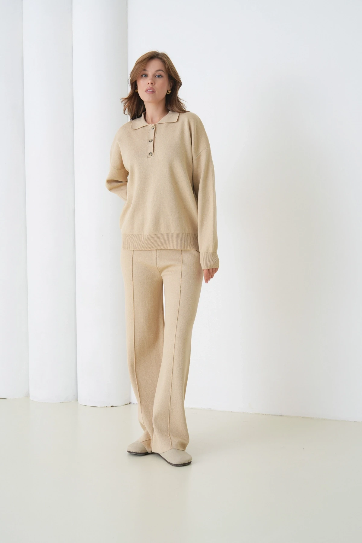 Kadın Siyah Polo Yaka Kazak Pantolon Triko Alt-Üst Takım