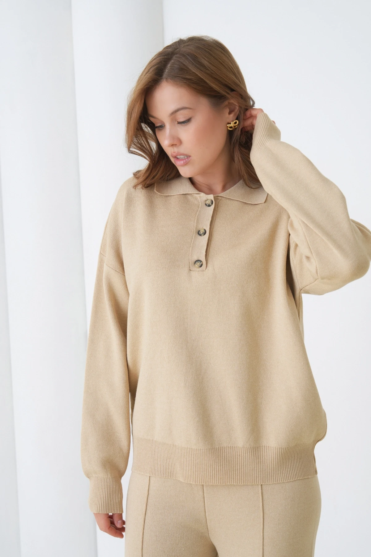 Kadın Siyah Polo Yaka Kazak Pantolon Triko Alt-Üst Takım