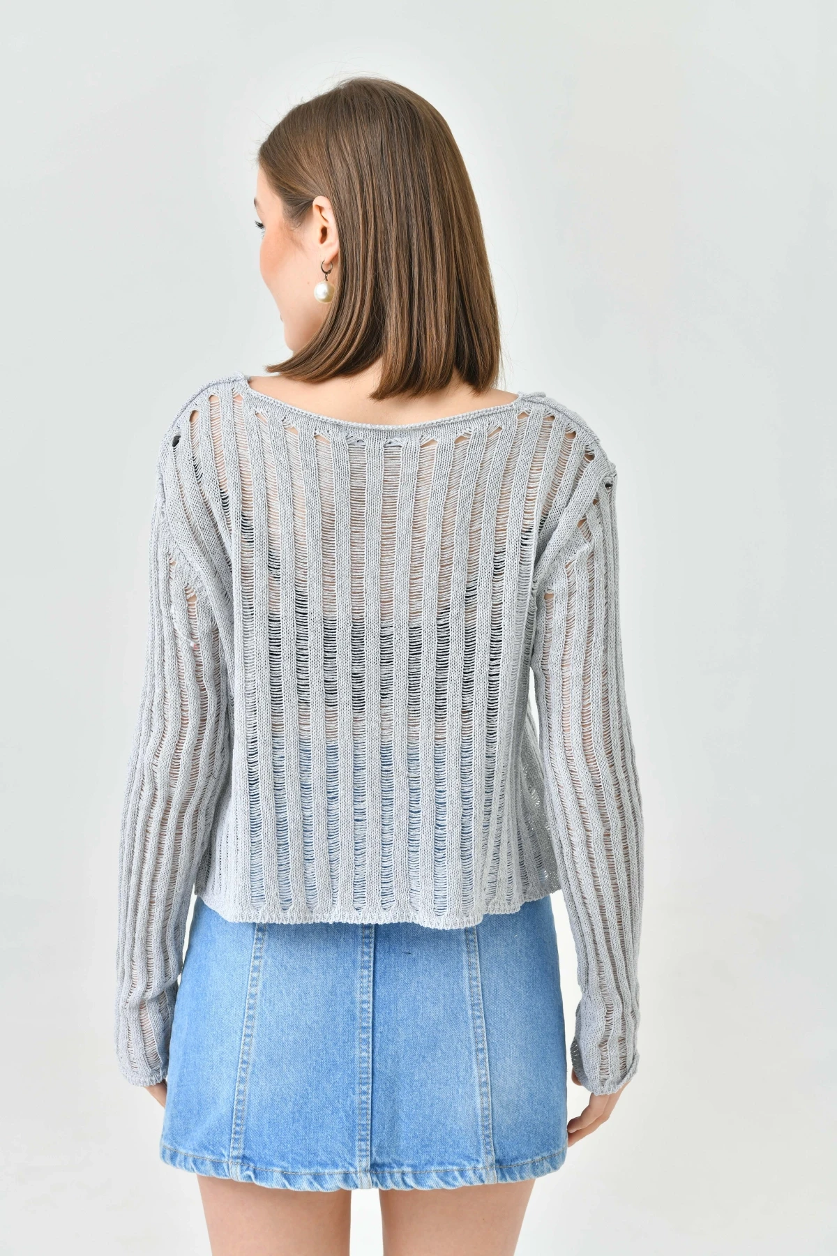 Kadın V Yaka Bağcıklı Örgü Detay Triko Hırka 8269Sw