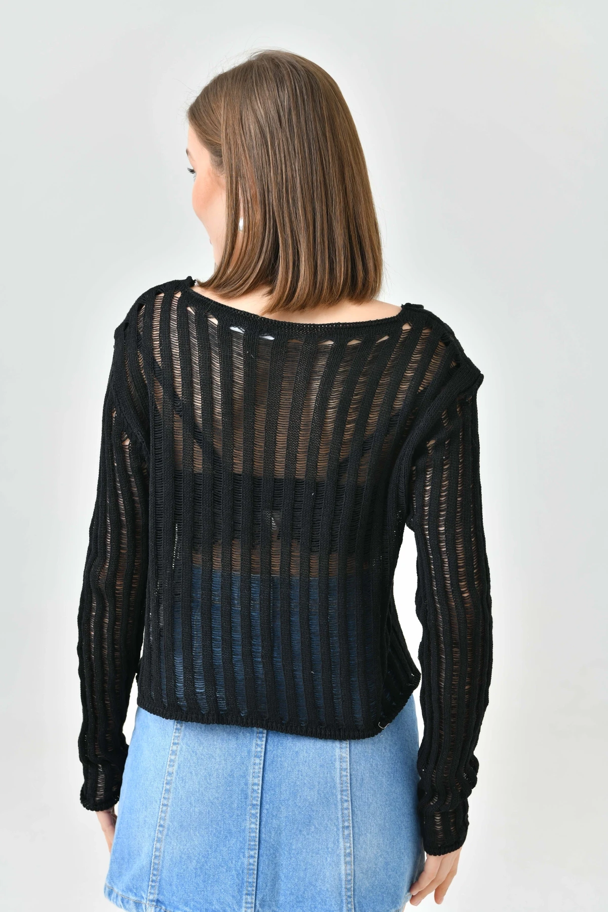 Kadın V Yaka Bağcıklı Örgü Detay Triko Hırka 8269Sw