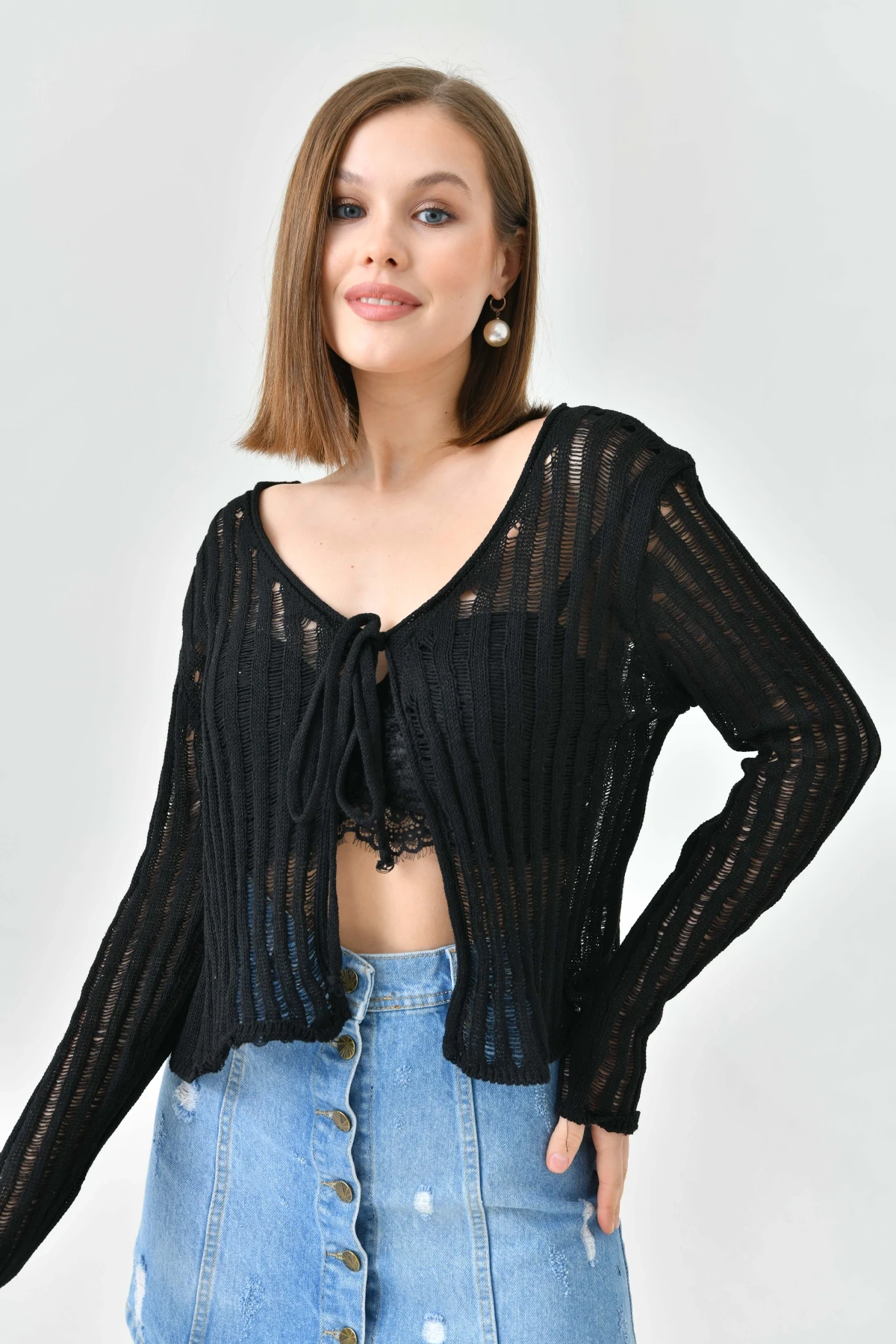 Kadın V Yaka Bağcıklı Örgü Detay Triko Hırka 8269Sw