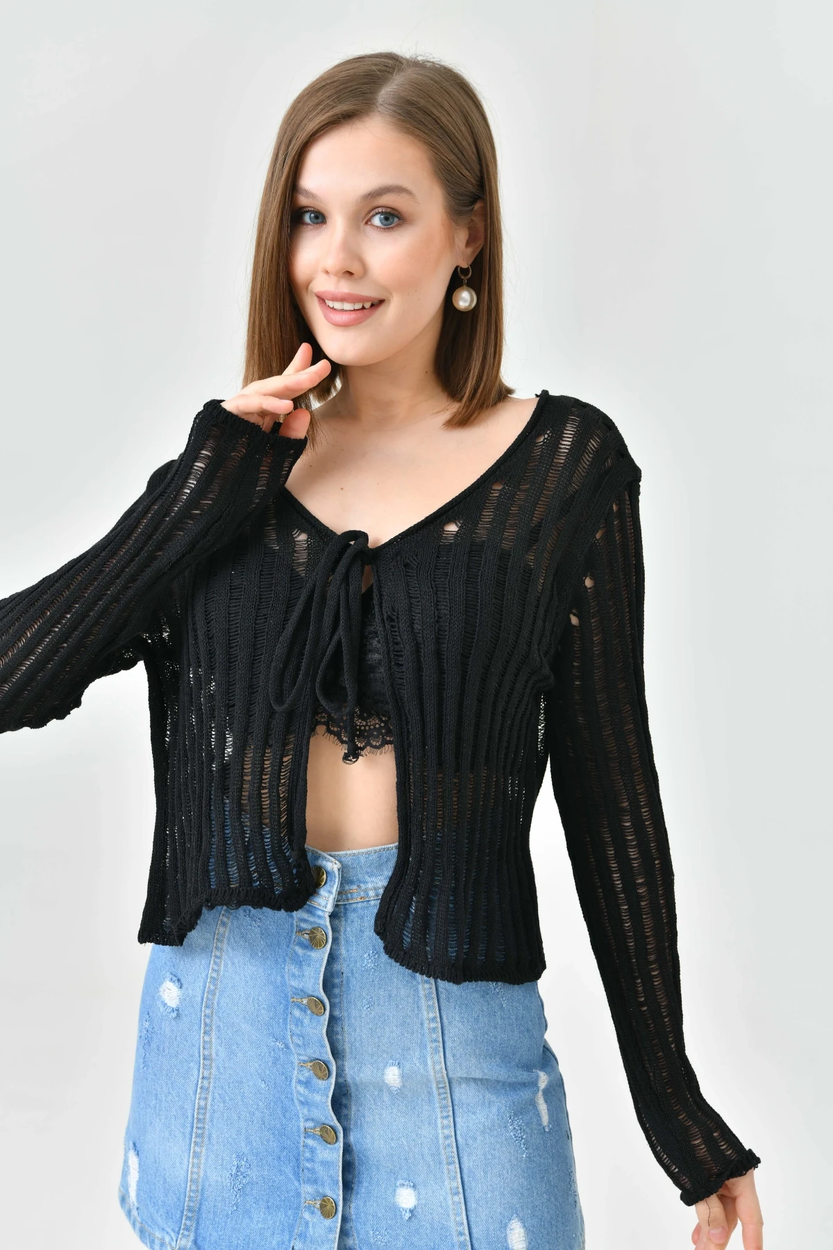 Kadın V Yaka Bağcıklı Örgü Detay Triko Hırka 8269Sw