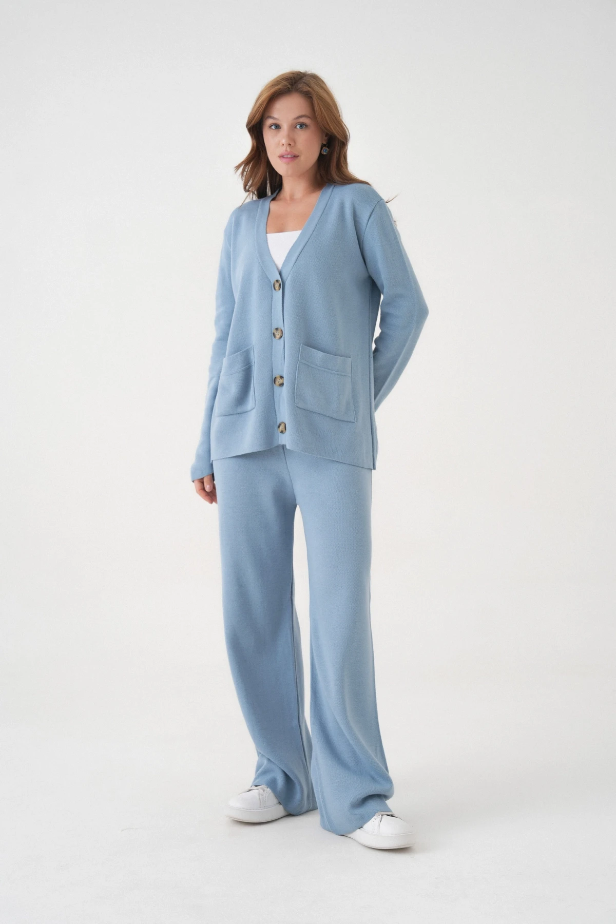 Kadın V Yaka Cep Detay Düğme Kapama Oversize Ceket Pantolon İkili Triko Takım