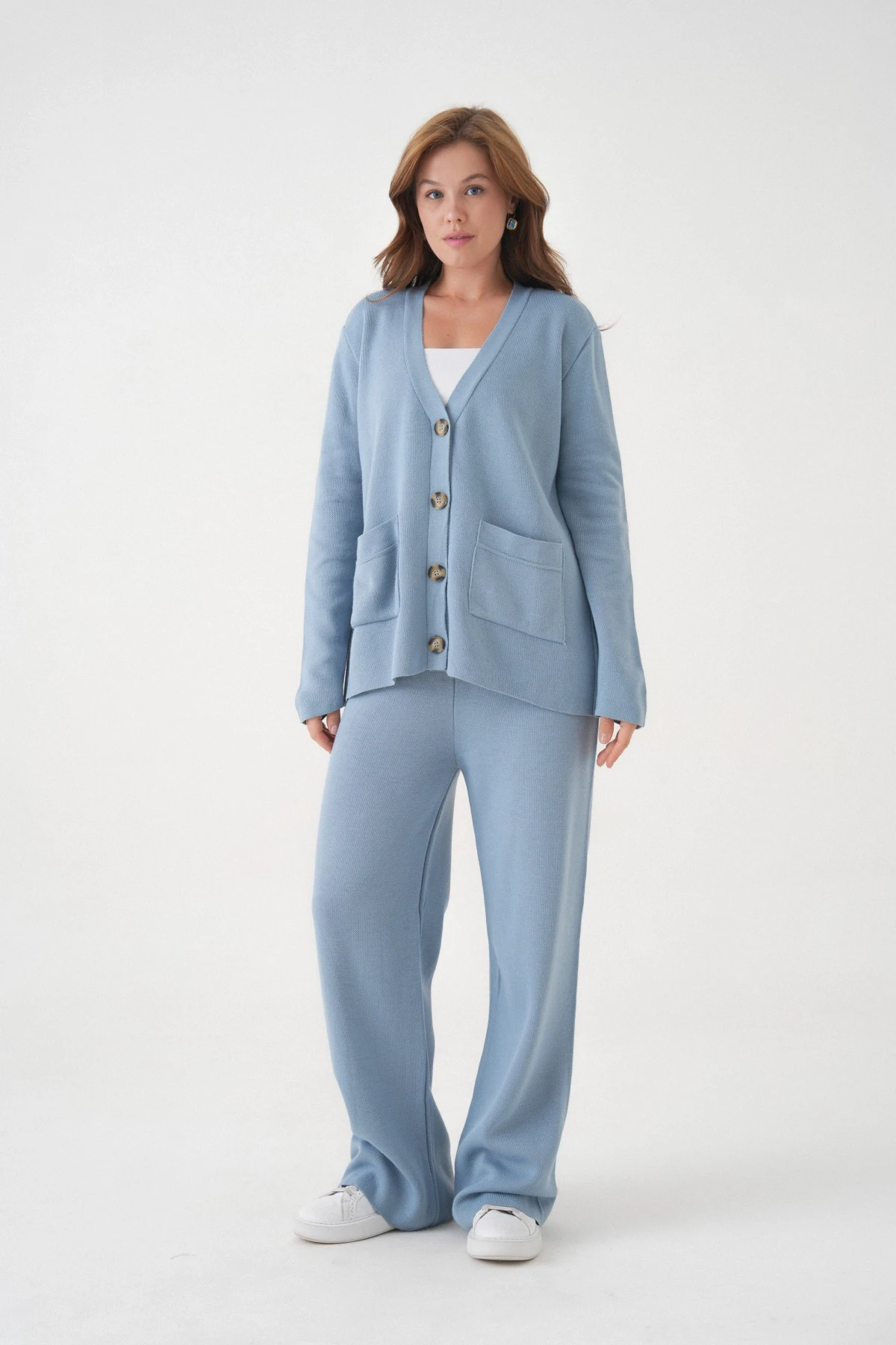 Kadın V Yaka Cep Detay Düğme Kapama Oversize Ceket Pantolon İkili Triko Takım